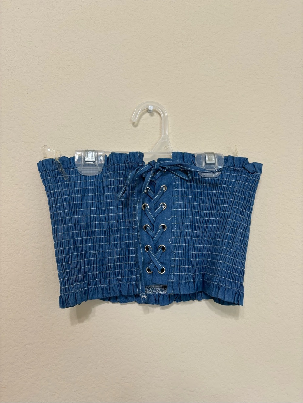 privy Blue Lace-Up Smocked Crop Top